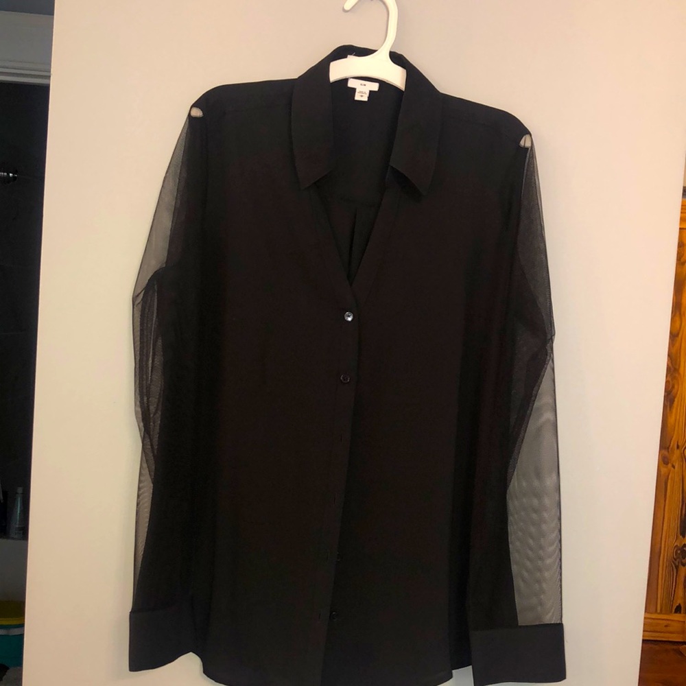 LIKE NEW Express Slim Black w Sheer Sleeves Portofino Button Down Blouse